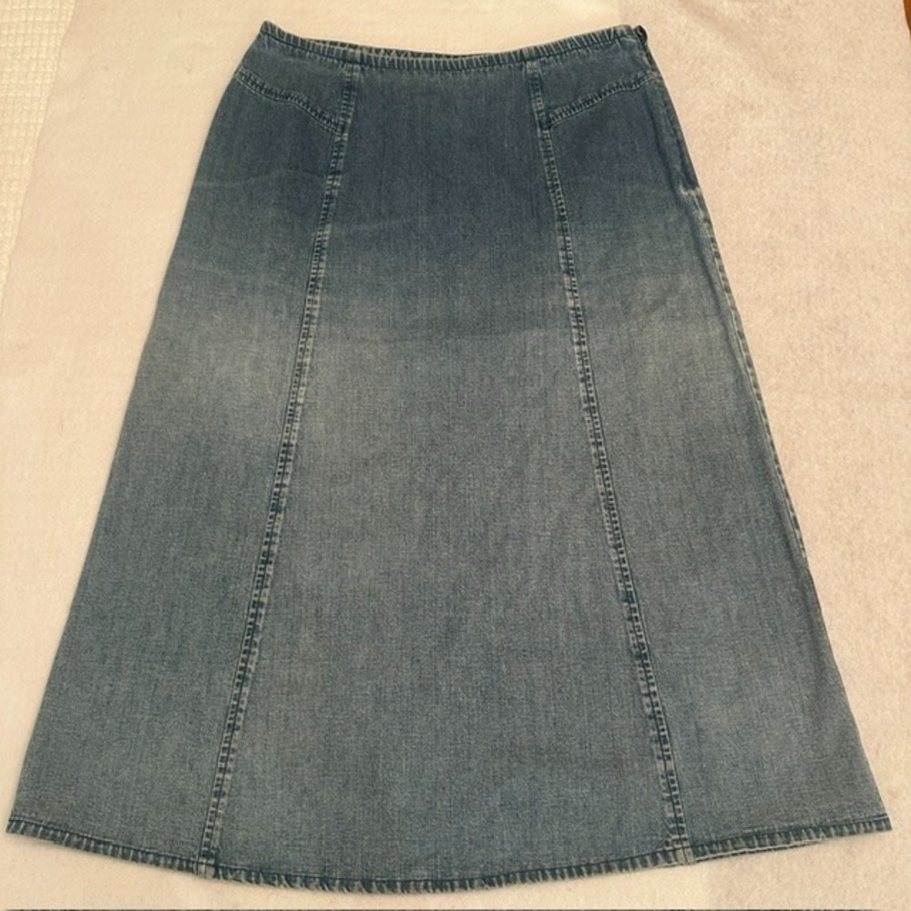 Orvis Denim A Line Skirt Women Size 12 Blue Midi Paneled Cotton Western VTG